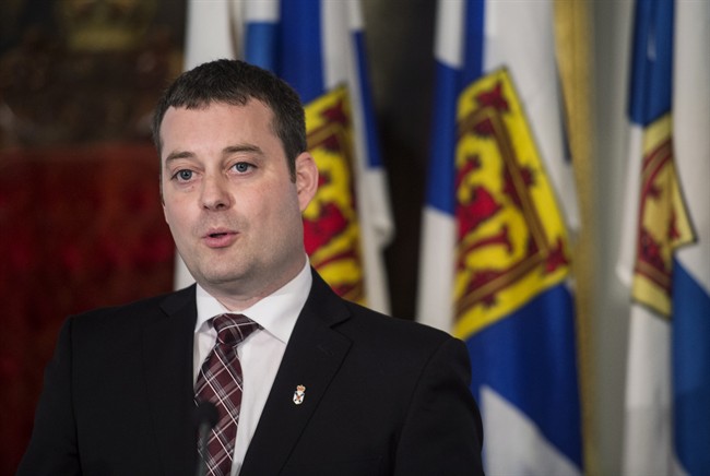 Randy Delorey speaks to reporters before presenting the budget at the legislature in Halifax on Thursday, April 27, 2017.