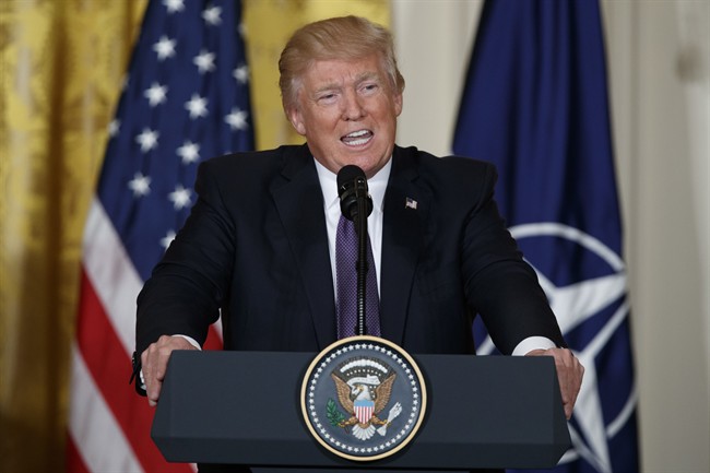 President Donald Trump speaks during a news conference with NATO Secretary General Jens Stoltenberg in the East Room of the White House, Wednesday, April 12, 2017, in Washington.