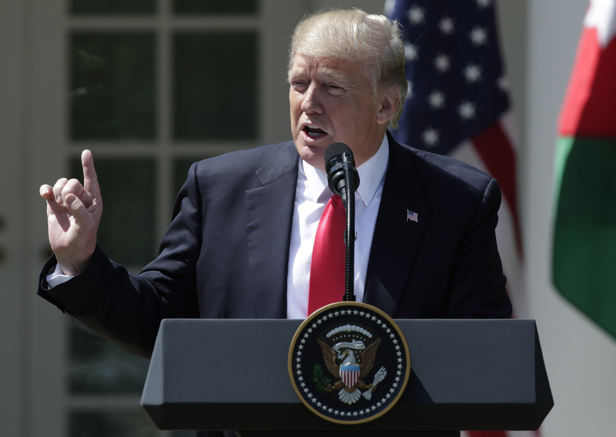 U.S. President Donald Trump speaks about the gas attack in Syria as he and Jordan's King Abdullah (not pictured) hold a joint news conference in the Rose Garden after their meeting at the White House in Washington, U.S., April 5, 2017.