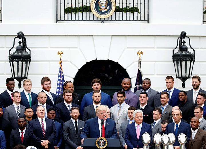 U.S. President Donald Trump honours the Super Bowl champion New England Patriots at the White House in Washington, U.S., April 19, 2017. 