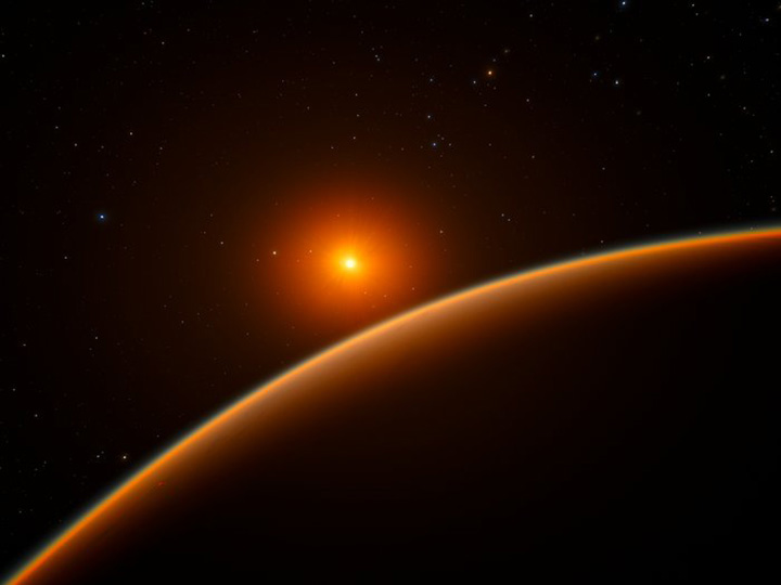 An artist’s impression shows the exoplanet LHS 1140b, which orbits a red dwarf star 40 light-years from Earth. 
