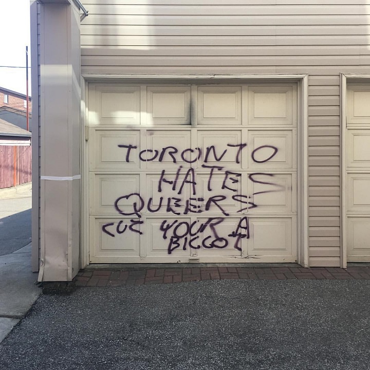 Daniel Malen, co-owner of MarkItProud, contacted police after finding this message spray-painted on his garage door Thursday. MarkItProud/Instagram.