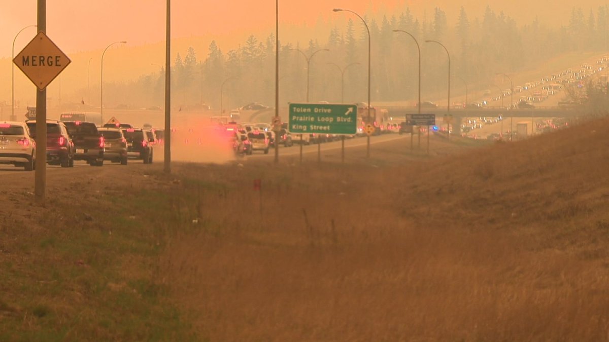 Highway 63 during the May 3, 2016 Fort McMurray wildfire evacuations. 