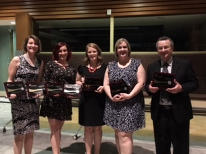 Global Edmonton’s executive producer Deb Zinck (far left), online journalist Caley Ramsay (second from left), producer Christine Meadows (middle) and 630 CHED’s Kirby Bourne (second from right) and Bob Layton (far right) at the Prairie Regional RTDNA Awards in Calgary on April 29, 2017.