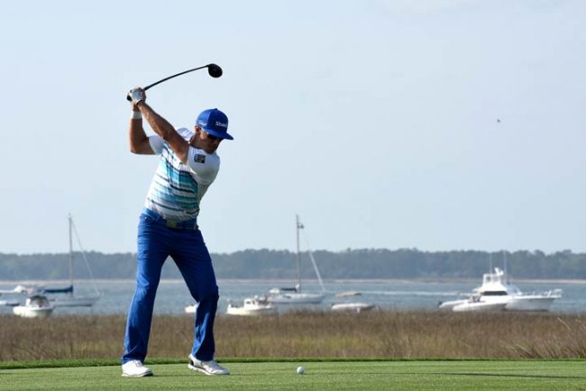Graham DeLaet of Canada plays his tee shot on the 18th hole during the third round of the 2017 RBC Heritage at Harbour Town Golf Links on April 15, 2017 in Hilton Head Island, South Carolina.