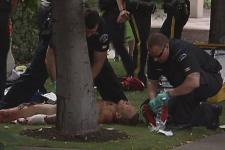 Hells Angel Larry Amero being treated for serious gunshot injuries.