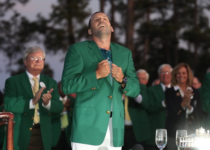 Sergio Garcia of Spain at the green jacket ceremony after winning the Masters in a sudden death playoff over Justin Rose of England during the final round of the 2017 Masters Tournament at the Augusta National Golf Club in Augusta, Georgia, on April, 9 2017. 