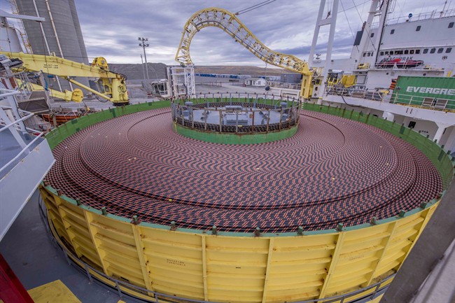 A cable reel aboard the cable-laying vessel Nexans Skagerrak is shown in Argentia, N.L. in a handout photo in April.