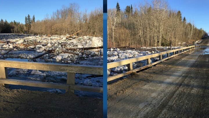 A bridge north of White Fox, Sask., was closed Tuesday morning due to extreme ice build-up.