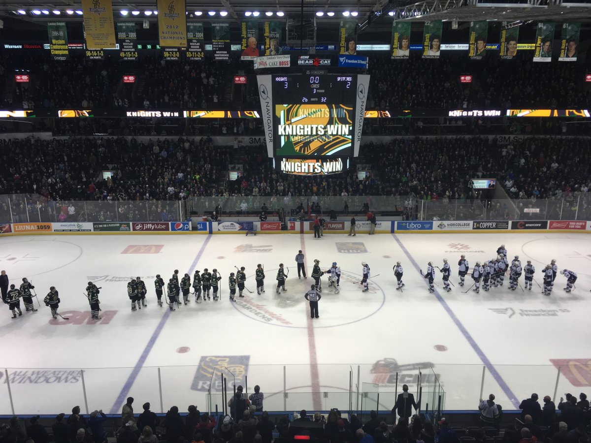 The London Knights and Windsor Spitfires shake hands at the end of their seven game series. London won the series 4-3.
