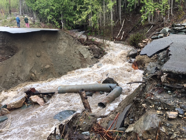 Eagle Bay Road north of Salmon Arm washed out by surging creek.