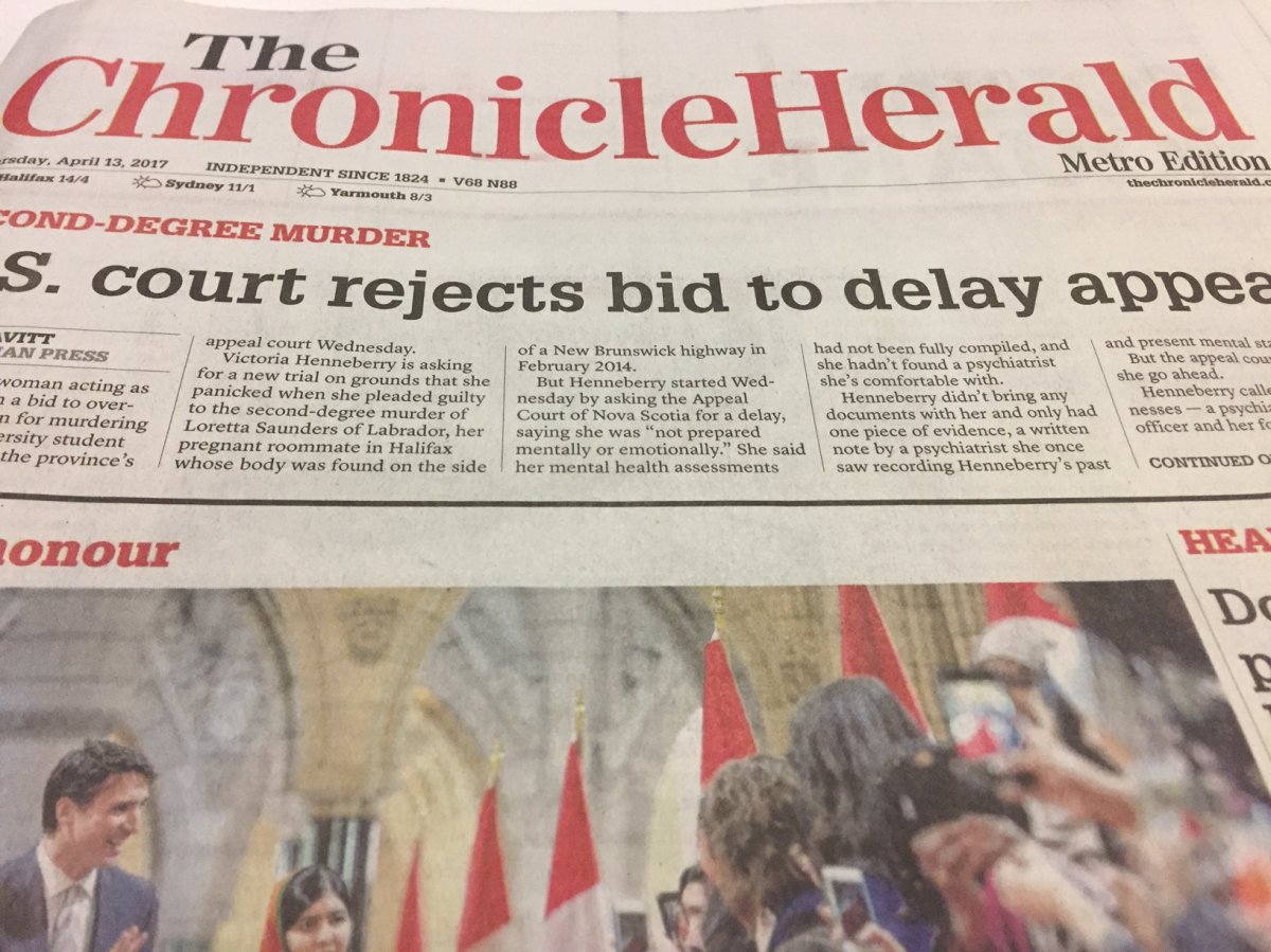 The front page of The Chronicle Herald on Thursday 13, 2017, the day of the announcement on the acquisition of new media properties.