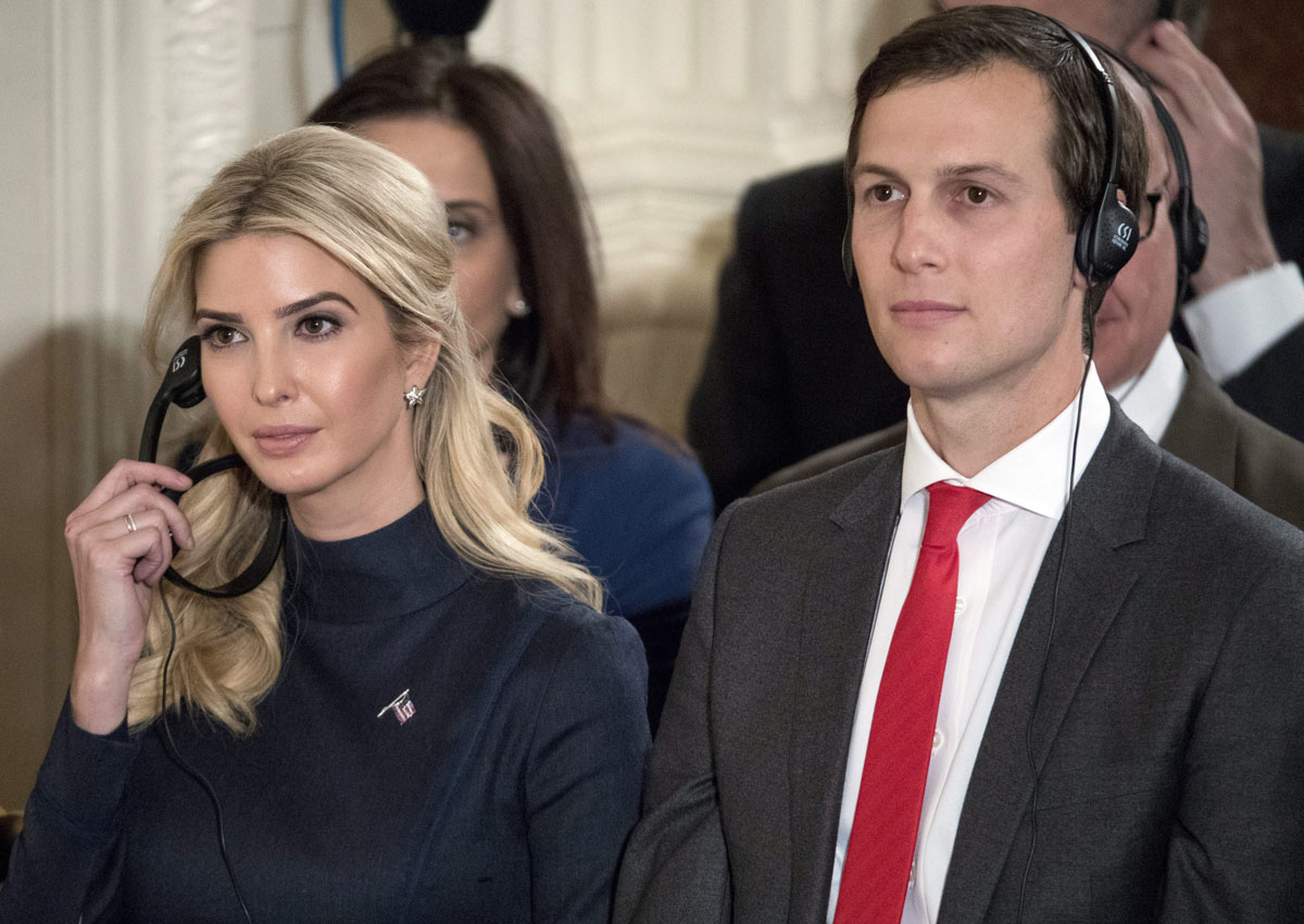 In this March 17, 2017, photo, Ivanka Trump and her husband Jared Kushner attend a news conference with the president and German Chancellor Angela Merkel.