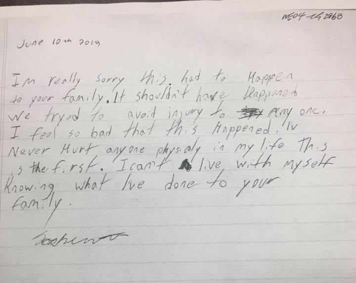 Letter written by Joshua Mitchell shown in court.