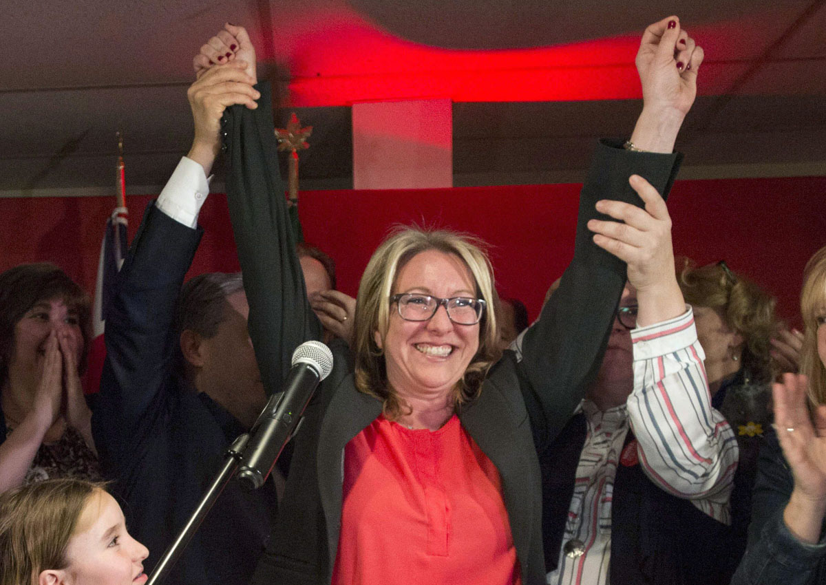 Liberal candidate Mona Fortier celebrates after winning the Ottawa-Vanier federal byelection in Ottawa on Monday, April 3, 2017. 