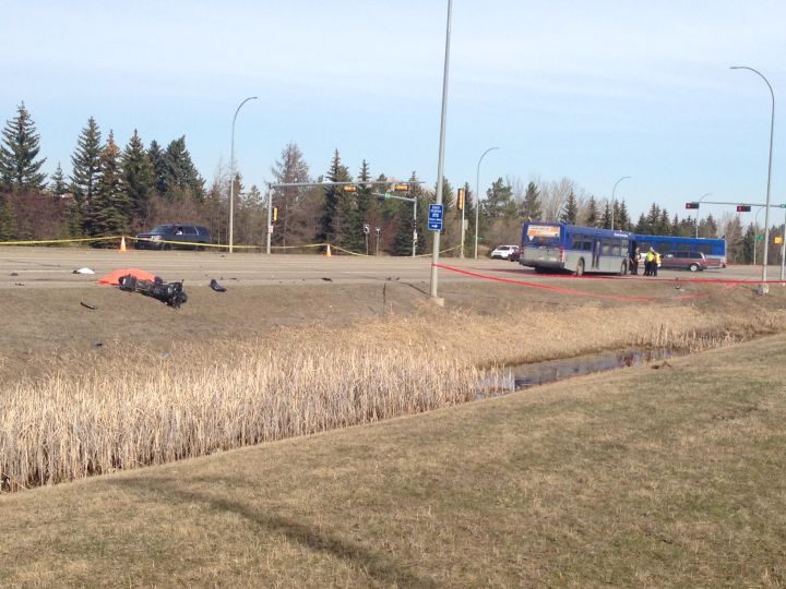 A motorcyclist was killed in a collision with a bus in north Edmonton Thursday, April 20, 2017. 