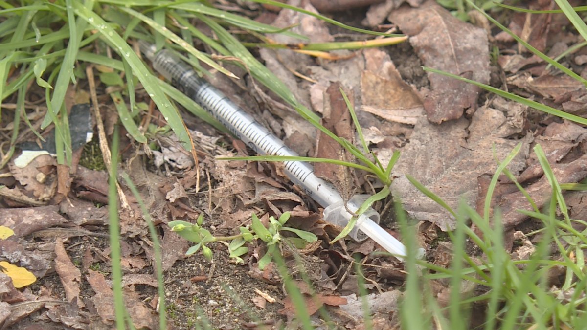 A discarded drug needle in public space, in Kelowna.