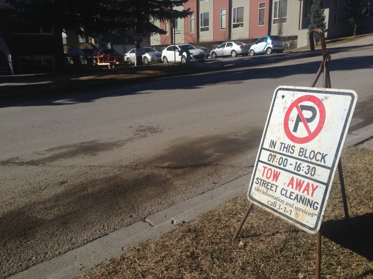 A no-parking sign is seen on a Calgary street during annual Spring Cleanup. 
