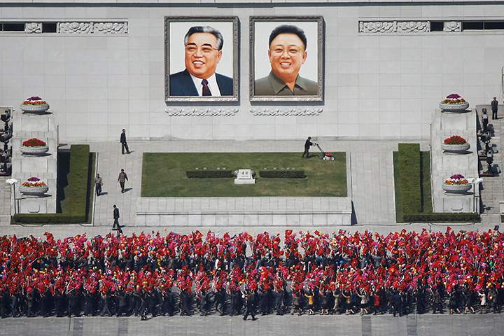 People practice for the expected parade on the main Kim Il-Sung Square in central Pyongyang, North Korea April 12, 2017.