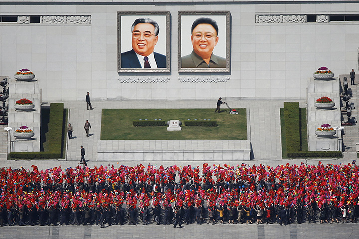 People practice for the expected parade on the main Kim Il-Sung Square in central Pyongyang, North Korea April 12, 2017. 