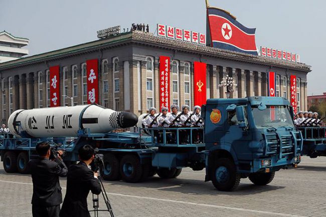 A North Korean navy truck carries a ballistic missile during a military parade marking the 105th birth anniversary of country's founding father, Kim Il Sung in Pyongyang, April 15, 2017. 