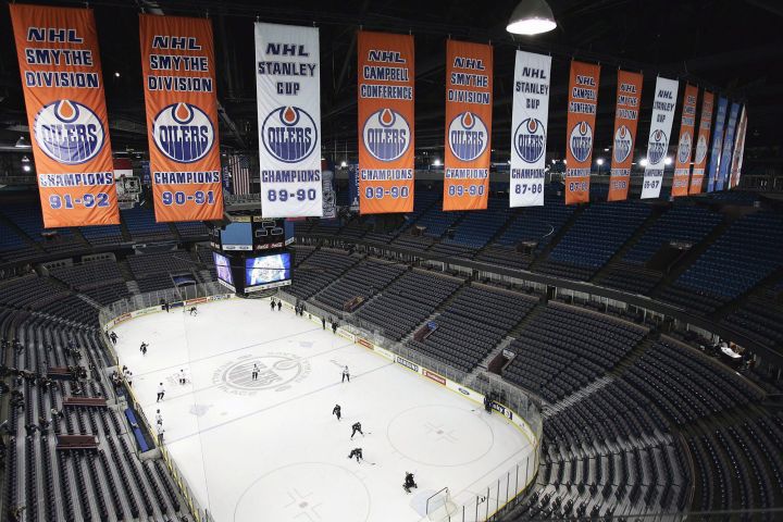 FILE: Banners from previous Edmonton Oilers championships and Stanley Cup victories hang from the rafters at the Rexall Place during an Oilers practice Friday, June 16, 2006 in Edmonton.