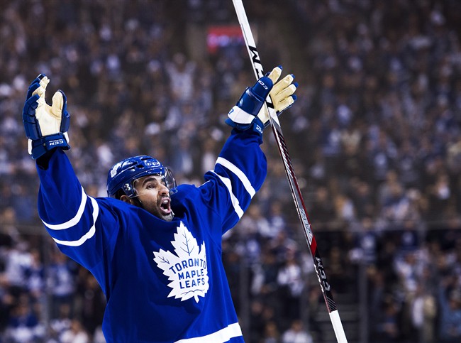 Toronto Maple Leafs centre Nazem Kadri (43) celebrates his goal against the Washington Capitals during second period NHL hockey round one playoff action in Toronto on Monday, April 17, 2017. THE CANADIAN PRESS/Nathan Denette.