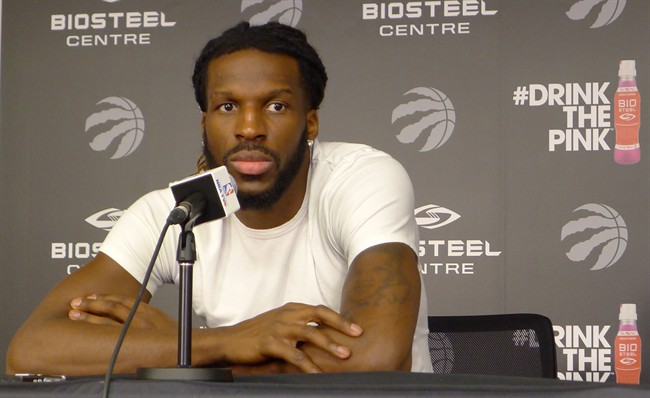 Toronto Raptors forward DeMarre Carroll speaks to reporters at the team’s practice facility in Toronto, Tuesday, April 25, 2017. The Raptors lead their best-of-seven playoff series with the Milwaukee Bucks three game to two, with game six set for Thursday in Milwaukee.
