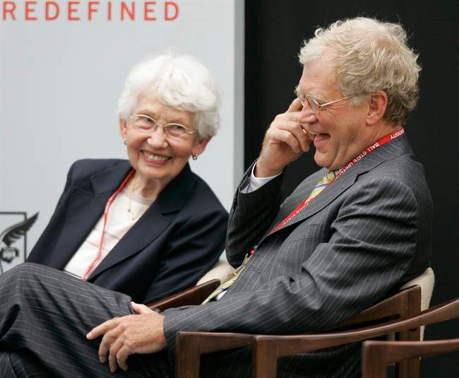 David Letterman and his mother Dorothy Mengering share a laugh during the dedication of the $21 million David Letterman Communication and and Media Building on the campus in Muncie, Ind.