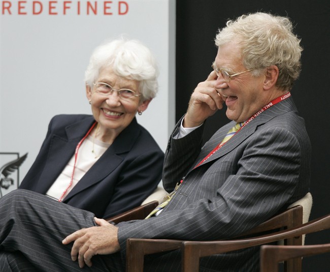 David Letterman and his mother Dorothy Mengering share a laugh during the dedication of the $21 million David Letterman Communication and and Media Building on the campus in Muncie, Ind.