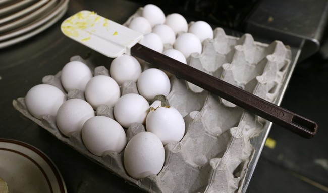 FILE - In this June 19, 2015 file photo, eggs sit waiting to be cooked at a cafe in Des Moines, Iowa.