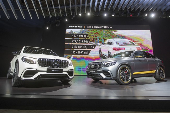 The Mercedes AMG GL63, left, and the Mercedes AMG GL63 Coupe are on display during a media preview at the New York International Auto Show, at the Jacob Javits Center in New York, Wednesday, April 12, 2017.