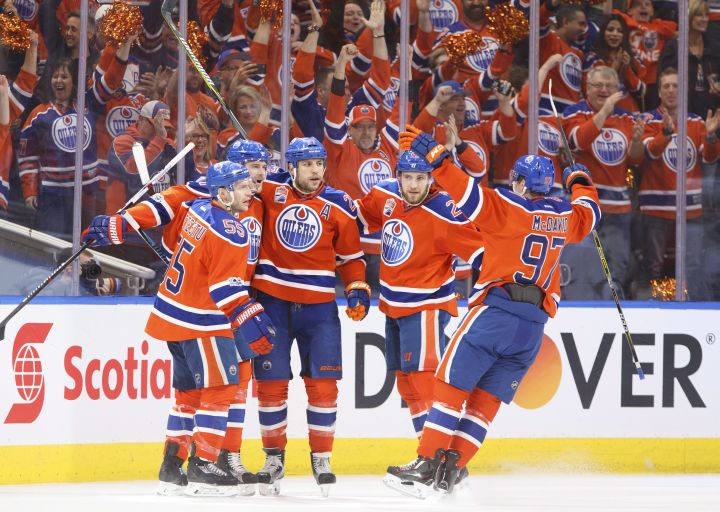 Edmonton Oilers' celebrate a goal during first period NHL playoff action against the San Jose Sharks, in Edmonton, Alta., on Wednesday, April 12, 2017. 