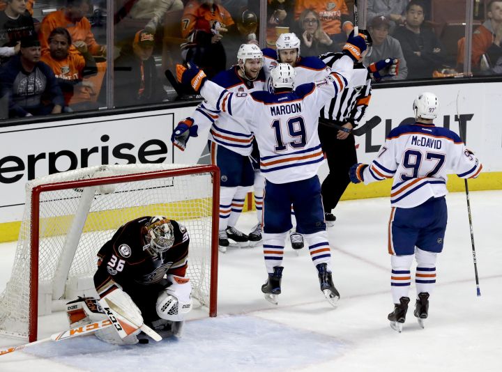Edmonton Oilers celebrates after centre Mark Letestu, back left, scored a goal past Anaheim Ducks goalie John Gibson during the third period in Game 1 of a second-round NHL hockey Stanley Cup playoff series in Anaheim, Calif., Wednesday, April 26, 2017.