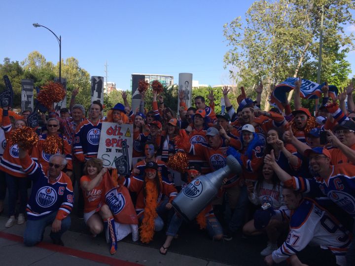 Edmonton Oilers fans get pumped up to see Game 4 against the Sharks in San Jose, Calif. on Tuesday, April 18, 2017.