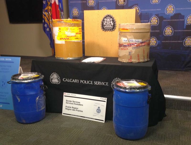 Pictured are barrels of phenacetin that were seized by the Canadian Border Services Agency in 2016. This week, police in Nelson have issued a health warning after phenacetin was found in a batch of cocaine. Phenacetin was a once-popular painkiller that was banned in Canada in 1973.