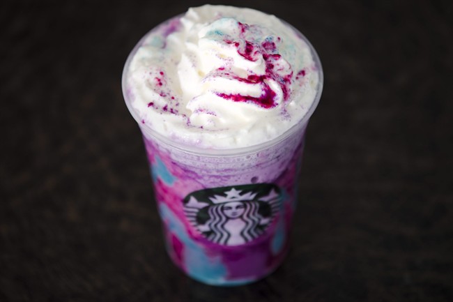 A Starbucks Unicorn Frappuccino drink sits on display, Thursday, April 20, 2017, in Philadelphia.