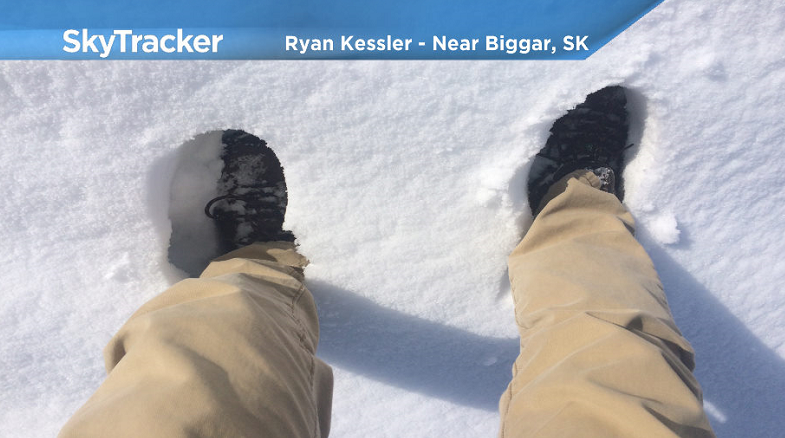 Snow on the ground in the Biggar area on Friday, April 28, 2017.