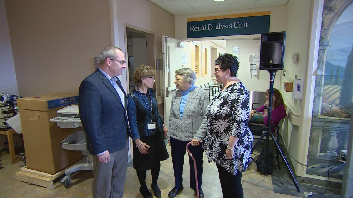 Minister Joanne Bernard, far right, is joined by health officers and former nurse Baker Mosher for an announcement about new dialysis chairs for the Halifax Infirmary site of the QEII and Dartmouth General Hospital. 