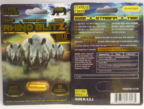 Rhino Blitz Gold, a sexual enhancement product that\’s been subject to a Health Canada recall.
