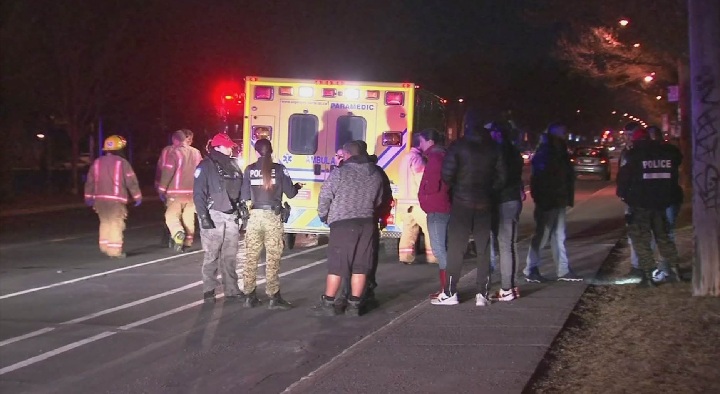 A 29-year-old woman is in critical condition after she was struck by a car in Montreal's Rosemont borough Saturday night. April 8, 2017.