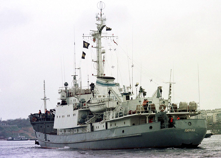 In this file photo taken on Friday, April 2, 1999, Russian Navy reconnaissance frigate Liman leaves from the Black Sea fleet's base at Sevastopol, Crimean peninsula.  