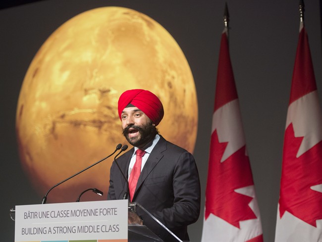 Minister of Innovation, Science and Economic Development Navdeep Bains announces new funding at the Canadian Space Agency headquarters, Thursday, April 27, 2017 in St. Hubert, Que.