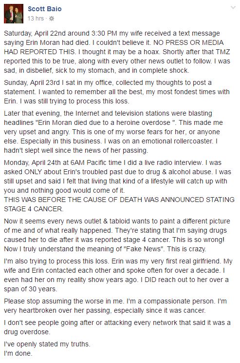 Scott Baio clarifies his remarks that Erin Moran died from ‘drugs or drink’ - image