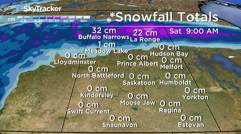 Heaviest snowfall is expected in an west-east band in northern Saskatchewan on Friday into early Saturday.