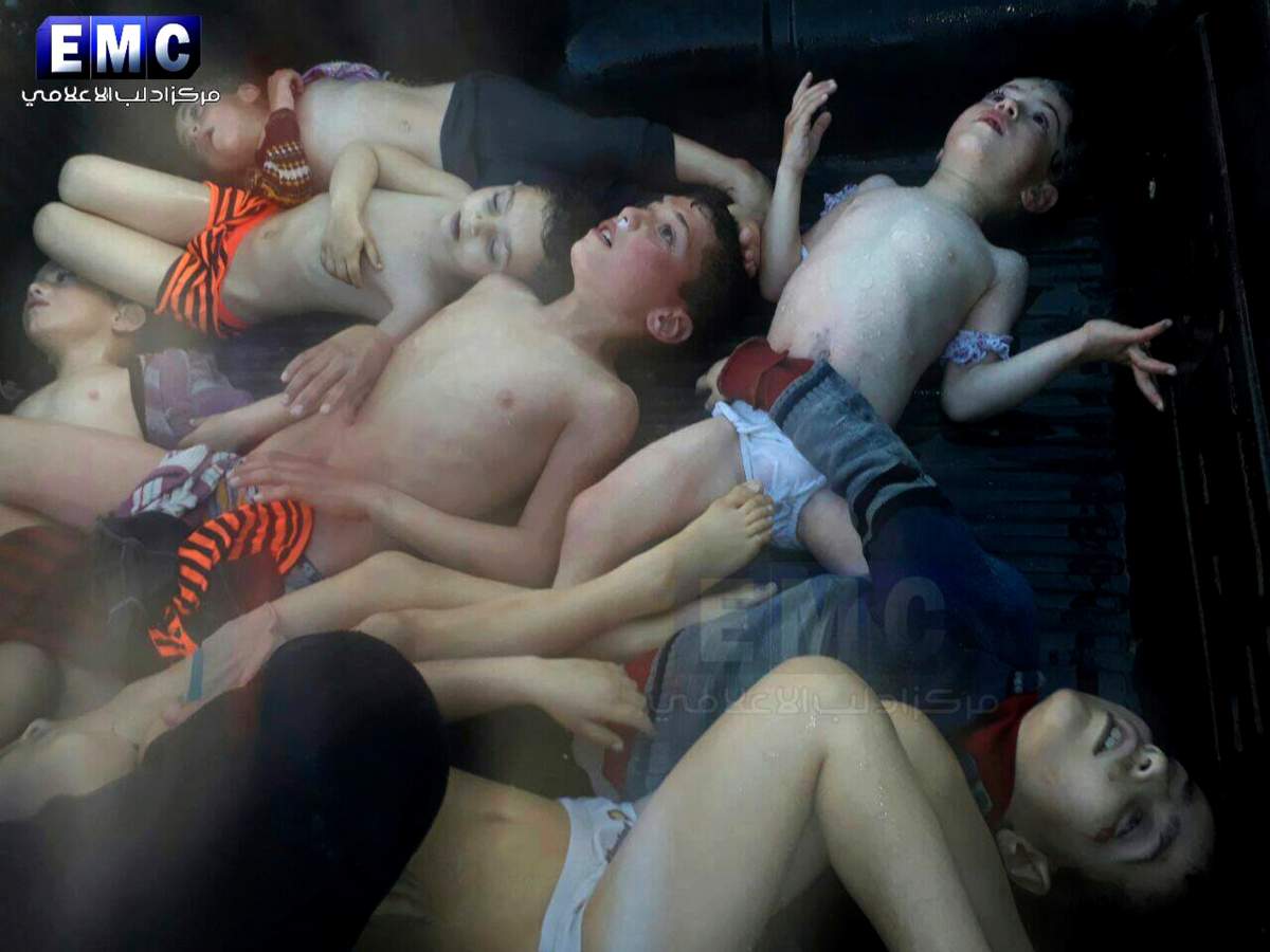 This photo provided Tuesday, April 4, 2017 by the Syrian anti-government activist group Edlib Media Center, which has been authenticated based on its contents and other AP reporting, shows the bodies of children who died following a suspected chemical attack, at a makeshift hospital in the town of Khan Sheikhoun, northern Idlib province, Syria. The attack killed dozens of people on Tuesday, Syrian opposition activists said, describing it as among the worst in the country’s six-year civil war.