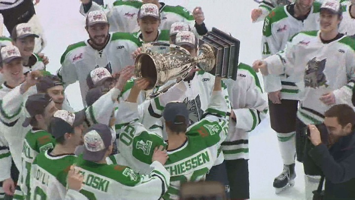 The Portage Terriers celebrate their third straight Turnbull Cup championship.