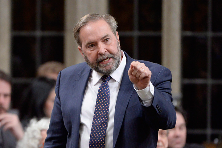 NDP Leader Tom Mulcair asks a question during Question Period in the House of Commons in Ottawa, Thursday, March 23, 2017. 