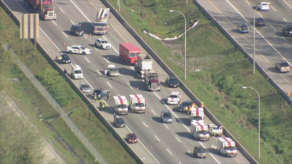 A multi-vehicle accident on Highway 1 in Surrey just past 176 St.