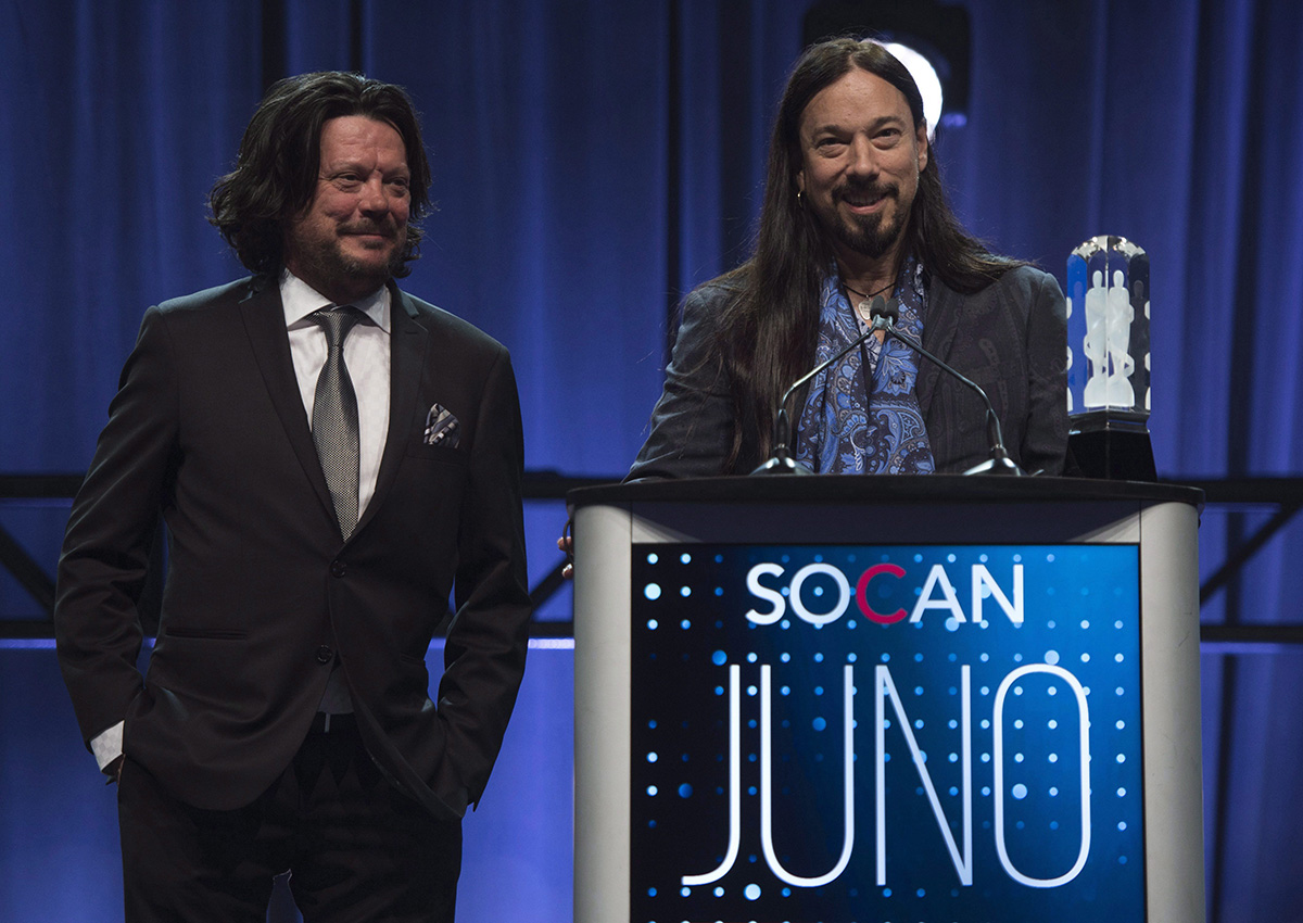 Paul Langlois and Rob Baker of The Tragically Hip accept the Rock Album of the Year at the Juno Awards dinner in Ottawa on April 1, 2017.
